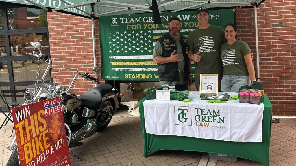 Members of the Combat Veterans Motorcycle Association Chapter 14-6 gather at a Bike Night event at Electric Works in Fort Wayne, sponsored by Team Green Law.